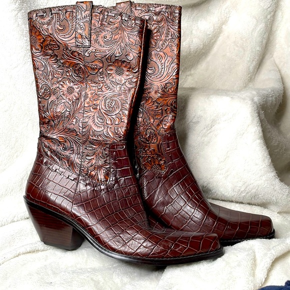 Coldwater Creek Shoes - Coldwater creek floral stamped and reptile embossed leather western boots, 10m